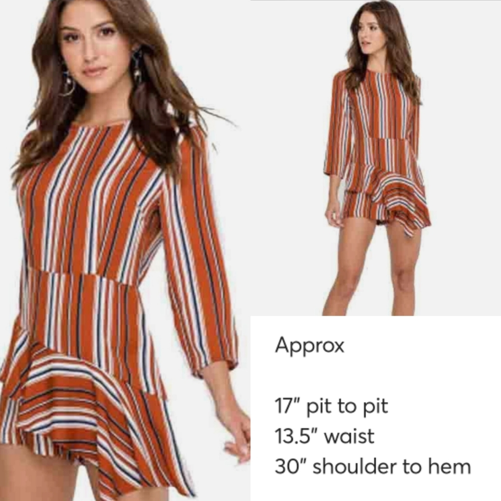 . Nordstrom Lush Rust Orange Striped Asymmetrical Long Sleeve Ruffle Romper - Picture 8 of 15